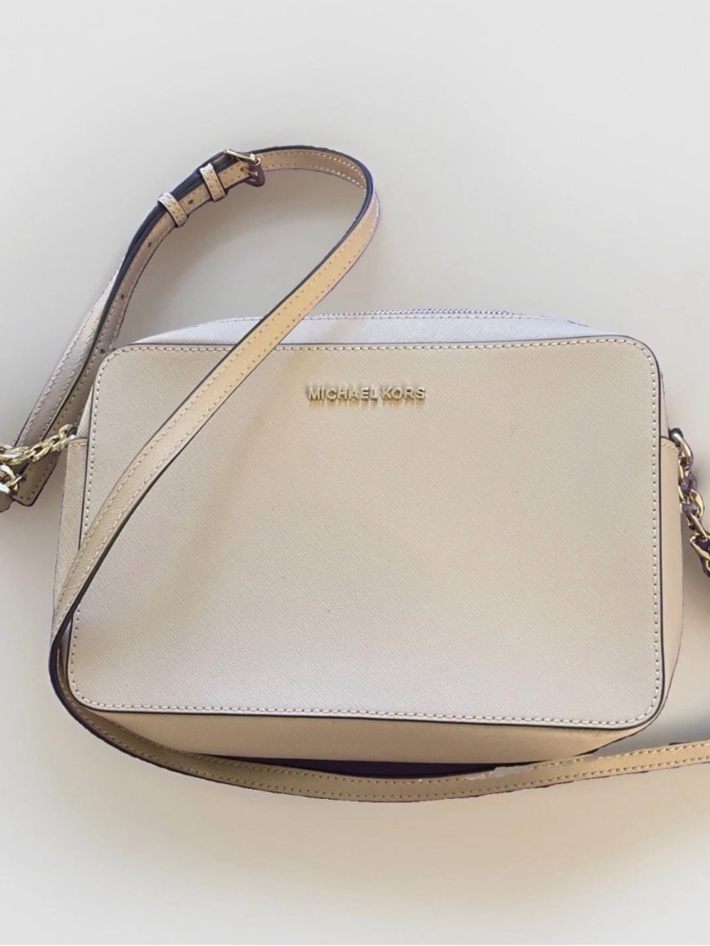 Michael Kors Cream Saffiano Leather Camera Crossbody Bag Gold Chain